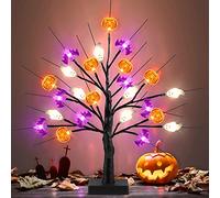 18 Inch Black Halloween Tree Light 24 LED Pumpkin/Bat/Ghost Lights with Timer USB/Battery Operated Indoor/Outdoor Decor for Home Table, Mantle & Halloween Party