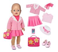 18 inch Doll Clothes and Accessories, 8 Pcs American Girl Doll Clothing Includes Blazer Vest Pleated Skirt Hat Scarf handbag Shoes Mobile Phone Travel Gear Play Set Birthday Gift for Age 3 4 5 6 Girls