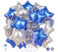 18 Inch Large Star Foil Balloons For Space Planet Ocean's Birthday Party, 25pcs Blue & Silver Mylar For Graduation, Baby Shower, Wedding, Anniversary And Engagement Decorations