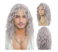 18 inch Long Curly Wavy Wigs for Men, Synthetic Cosplay Hair Wig with Bangs(GREY)