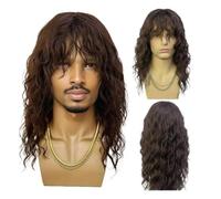 18 inch Long Curly Wavy Wigs for Men, Synthetic Cosplay Hair Wig with Bangs Hair Pieces Replacement(BROWN)
