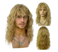 18 inch Long Curly Wavy Wigs for Men, Synthetic Cosplay Hair Wig with Bangs Hair Pieces Replacement(DARK GOLD)