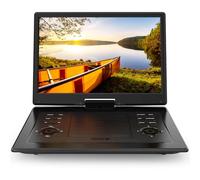 18 inch portable DVD player with 15.6 inch large HD screen, 4-6 hours rechargeable battery, support USB/SD card/TV sync and multiple formats of