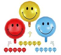 18 Inch Smiley Face Helium Balloons Set - 15pcs Large Foil Balloons, Red Yellow Blue Smile Balloons with Ribbons & Straws for Party Decorations