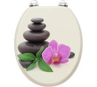 18 Inch Universal MDF Wooden Toilet Seat with Lid, Oval Bathroom WC Replacement Seat with Solid Zinc Alloy Hinges and Fittings, Easy Clean Smooth Surface. Design:, Zen Spa Theme