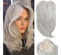 18 Inch Wavy Hair Topper With Side Swept Bangs - Gray Synthetic Piece, Root Coverage, 130g Lightweight, Daily Wear Fit All Face Shapes Skin Tones(A)