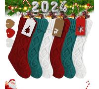 18 Inches Large Christmas Stockings-6Pcs Personalized Burgundy Red, Ivory White, Green - Stretchable Knitted Xmas Stockings with 50Pcs Personalizeable Gift Tags for Family Holiday Christmas Décor