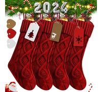 18 Inches Large Red Christmas Stockings- 4Pcs Burgundy Red, Ivory White, Green - Stretchable Knitted Xmas Stockings with 50Pcs Personalizeable Gift Tags for Family Holiday Christmas Décor (4pc red)
