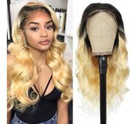 18 inches long wavy wig human hair 13x4 lace Gradient gold wig Heat Resistant Glueless Wig with Baby Hair Suitable for ladies' daily role play Use.