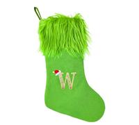 18 Inches Monogram Christmas Stockings Green Knitted Cloth with Faux Fur Hanging Stocking Green Elf Xmas Stocking Decor Treat Bag Candy Pouch Holder Favor for Fireplace Gift Present Xmas Tree Decor