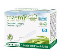 18 Masmi Super Tampons Organic Cotton Non Applicator, No Plastic, Hypoallergenic, 100% Biodegradable, Perfume, Viscose, Rayo, Chlorine and Dioxin Free (Single Pack)