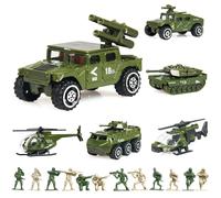 18 Pack Die-cast Military Vehicles Sets - 6 Pack Assorted Alloy Metal Models - 12 Pack Soldier Army Men, Mini Army Toy Tank, Panzer, Anti-Air Vehicle,