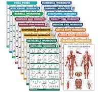 18 Pack - Exercise Poster Set: Dumbbell, Suspension, Kettlebell, Resistance Bands, Stretching, Bodyweight, Barbell, Battle Rope, Yoga, Exercise Ball, Muscular and More (LAMINATED, 18" x 27")