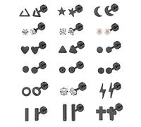 18 Pairs Tiny Stud Earrings Set for Women Men Star Triangle Moon Heart Disc Ball CZ Small Cartilage Stud Earrings Stainless Steel Geometric Flatback Earrings black