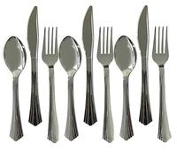 18 PC Metallic Silver PLASTIC Cutlery Set colour Tableware Dinnerware Flatware Forks Spoons Knife Party Wedding Dessert Picnic BBQ Christmas Catering Reusable Garden Strong Kitchen Crockery