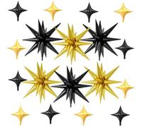 18 Pcs Black Gold Star Balloons, Gold and Black Balloon with 6 Pcs 22-Inch Explosion Stars Balloons 12Pcs 10-Inch Four Pointed Star Foil Balloon for Anniversary Disco Birthday Party Decorations