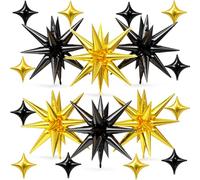 18 Pcs Black Gold Star Balloons, Gold and Black Balloon with 6 Pcs 22-Inch Explosion Stars Balloons 12Pcs 10-Inch Four Pointed Star Foil Balloon for Anniversary Disco Birthday Party Decorations