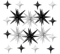 18 Pcs Black Silver Star Balloons, Silver and Black Balloon with 6 Pcs 22-Inch Explosion Stars Balloons 12Pcs 10-Inch Four Pointed Star Foil Balloon for Anniversary Birthday Party Decorations