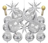 18 Pcs Disco Ball Balloons 4D Large Foil Balloons with 2 Gold Microphone Balloons Explosion Star Aluminum Foil Balloons 22 Inches 15 Inches 10 Inches Silver Disco Balloons for Disco Party Supplies