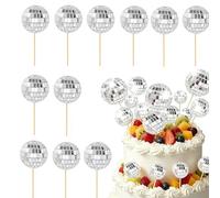 18 PCS Disco Ball Cake Decorations, Mini Silver Mirror Cake Toppers, Shiny Disco Balls with Wooden Sticks, Reusable Party Cake Decor for 70s Theme Birthday, Cupcakes, Desserts, Weddings(Silver)