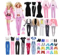 18 Pcs Doll Clothes Compatible with Barbie 11.5 Inch Girl Doll, Fashion Doll Outfit with 1 Leather Jacket 1 Leather Skirt 4 Straps 1 Long Skirt 2 Coats 3 Long Trousers 1 Hat 5 Shoes, Random Style