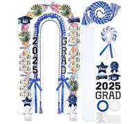 18 Pcs Graduation Leis 2025 Graduation Candy Lei Kit Class of 2025 Graduation Ribbon Double Lei Necklace Graduation Gift Party Accessories for Women Men(Blue, White)