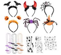 18 PCS Halloween Headbands Kit - Bat, Witch Hat, Spider, Devil's Ear, and Element Headbands for Costume Cosplay Party Favours