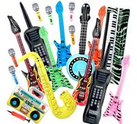 18 Pcs Inflatable Instrument Set Include 1 Mobile Phone Recorder Piano Saxophone Bass 4 Lute 6 Inflatable Microphone 2 Guitar 1 pump for 80s Themed Party Carnival Birthday Party Decorations