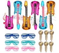 18 PCS Photo Booth Props, Inflatable Party Props - Include 6 Inflatable Guitar、6 Inflatable Microphone、6 Colored Glasses, Suitable For Birthday Parties, 80s 90s Themed Rock Parties, Kids Adult Parties