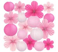 18 Pcs Pink Party Decoration Set, Hanging Pink Paper Lanterns Paper Flowers Fans for Girls Women Birthday Wall Baby Shower Wedding