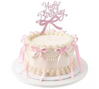 18 PCS Pink Ribbon Bows for Cake with 1 PCS Happy Birthday Cakes Topper