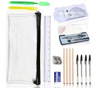 18 Pcs School Stationary Sets, Back to School Stationery Set, Exam Stationery Set, Assorted Stationery Pack with 4 Graphite Pencils, 4 Pens, 2 Highlighter, Eraser & Sharpener, Compass, Pencil Case