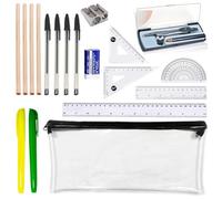 18 PCS Secondary School Stationery Set, Maths Sets for Secondary School, Geometry Kit with Compass, 4 Graphite Pencils, 4 Pens, 2 Highlighter, Eraser & Sharpener & Pencil Case