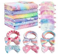 18 Pcs Sleepover Party Supplies for Girls, 6 Glow in The Dark Pink Blanket 6 Coral Fleece Spa Headband 6 Plush Eye Mask Covers for Sleeping Slumber Sleepover Spa Christmas Party Gift