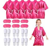18 Pcs Spa Party Supplies for Girls 6 Satin Kimono Robe 6 Sleeping Eye Mask 6 Disposable Slippers for Flower Girl Kid Salon Pedicure Wedding Birthday Favors Washing Shower (Size 8, Rose Red)