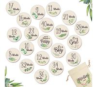 18 Pcs Wooden Pregnancy Week Signs for 8-40 Weeks Pregnancy Milestone Tracker Discs Neutral Baby Announcement Cards Double Sided with Bag for Pregnant Moms