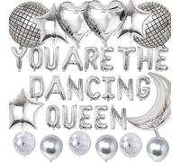 18 Pcs You are the Dancing Queen Decoration Silver Disco Foil Balloons Kit,You are the Dancing Queen Banner 22 inch Mirror Metallic Balloons Moon Love Star Foil Balloon
