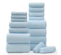 18 Piece Bath Towels Set,Super Soft Family Bathroom Towel Set with Hanging Loops-6 Bath Towels,6 Hand Towels,6 Washcloths,Highly Absorbent Quick Dry Shower Towel for Bathroom,Hotel,Spa-Blue Towel Set