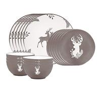 18 Piece Christmas Dinner Set Dishwasher/Microwave Safe Grey & White Hand Painted Stoneware Crockery Dinner Service for Six - 6 Place Settings of Bowl, Side Plate & Dinner Plate