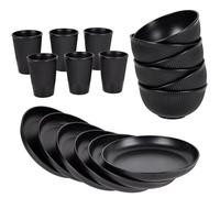 18 Piece Dinner Set for 6 Unbreakable Wheat Straw Plates Bowls Cups | Reusable Lightweight Black Tableware Dish Sets for Family Caravan Picnic Camping BBQ Outdoor Dining and Daily Everyday Use