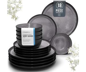 18 Piece Dinner Sets for 6 People - Beautiful Mediterranean Style Stoneware Dinner Set for 6 - Dishwasher & Microwave Safe Plates and Bowls Set for 6 - Dinnerware Sets by Pure Living in Dark Grey