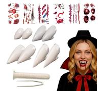 18 Piece Fangs, Vampire Teeth Set, 4 Sizes Fangs, 6 Piece Halloween Tattoos, with 2 Tube Teeth Pellets Adhesive, for Cosplay Party Props Halloween Horror Party Fangs