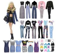 18 Pieces Barbie Compatible Doll Clothes Set, Including Elegant Denim Fur Collar, Plush Coat Set, Sports Set, 5 Shoes and 2 Doll Accessories