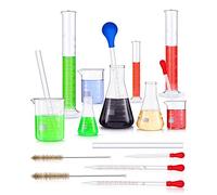 18 Pieces Lab Glassware Set Beaker Flask Cylinder Set Includes 3 Glass Beakers 3 Erlenmeyer Flasks 3 Graduated Measuring Cylinders with Droppers Brushes and Glass Stirring Rod for Lab Experiment