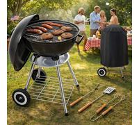 Gr8 Garden Portable 18 inch Kettle Charcoal BBQ Grill Patio Camping Barbecue Barbeque With Cooking Utensils Tools Cover Wheels Stand