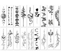 18 Sheets Black Temporary Tattoo Set Nature-Inspired Designs with Moon Phases Snake Pine Tree Butterflies Flowers Deer