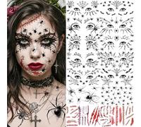 18 Sheets Horrible Spider Spiderweb Temporary Tattoos Halloween Eye Tattoos Face Tattoo Sticker, Realistic Scary Bloody Stitch Wound Fake Scar Tattoos Halloween Vampire Zombie Makeup Party Accessories