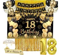 18 th Birthday Decorations for Women and Men - Black and Gold Party Decorations with 40th Birthday Balloons, Banner, Crown, Sash, Backdrop, Fringe Curtain - Party Decorations for Adults