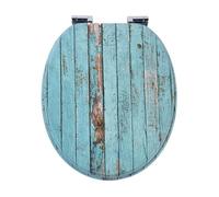18" Universal MDF WC Toilet Seat - Easy Fit with Strong Zinc Alloy Hinges, Smooth Wipe Surface - Fits All Water Closets (Turquoise Wooden Plank)