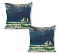 18"x18"（2pcs） Throw Pillow Covers - Stormy Waves Vintage Sailboat Linen Pillow Cushion Cases, Modern Decorative Pillowcases Home Decor Super Soft Pillows Case for Couch Bed and Chair 18"x18"（2pcs）